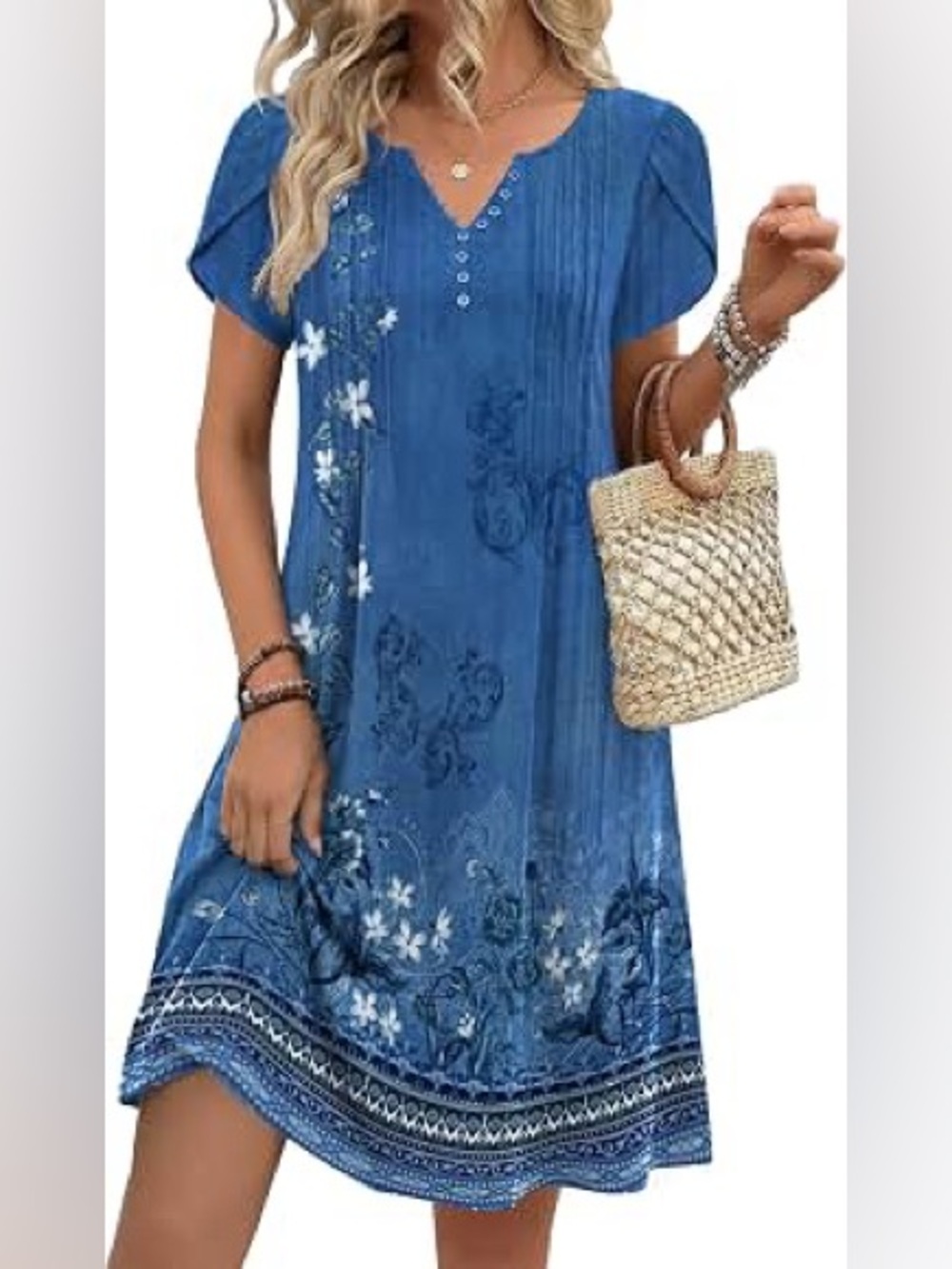 Zeagoo Blue Floral V-Neck A-Line T-Shirt Mini Sun Dress Extra Large